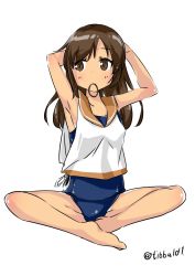 Rule 34 | 10s, 1girl, adjusting hair, alternate hairstyle, armpits, arms up, bad id, bad twitter id, bare legs, barefoot, blush, breasts, brown eyes, brown hair, collarbone, dark-skinned female, dark skin, ebifurya, eyebrows, feet together, full body, groin, hair down, highres, i-401 (kancolle), inactive account, kantai collection, knees apart feet together, long hair, mouth hold, one-piece swimsuit, sailor collar, school swimsuit, simple background, sitting, sleeveless, small breasts, solo, swimsuit, twitter username, white background