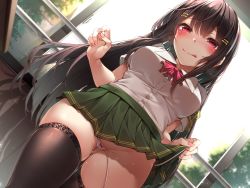 Rule 34 | 1girl, :q, black hair, black thighhighs, blush, bow, bow panties, bowtie, breasts, cameltoe, commentary request, green skirt, hair ornament, hairclip, highres, large breasts, long hair, looking at viewer, original, panties, pussy juice, red eyes, red neckwear, school uniform, shirt, short sleeves, side-tie panties, skirt, thighhighs, thighs, tongue, tongue out, toyosaki shu, underwear, untied panties, white panties, white shirt