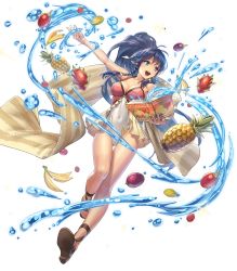 Rule 34 | 1girl, banana, beach towel, blue eyes, blue hair, book, braid, breasts, cleavage, covered navel, cuboon, feet, female focus, fire emblem, fire emblem: the sacred stones, fire emblem heroes, food, fruit, full body, highres, holding, holding book, large breasts, long hair, nintendo, non-web source, official art, one-piece swimsuit, pineapple, sandals, side braid, solo, sparkle, swimsuit, tana (fire emblem), tana (summer) (fire emblem), toes, towel, transparent background, twin braids, water