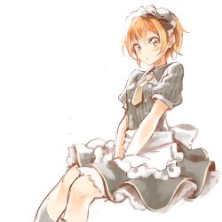 Rule 34 | 10s, 1girl, apron, black bow, bow, buttons, double-breasted, frilled apron, frills, hair bow, hands on lap, headdress, highres, hoshizora rin, invisible chair, konya (chocolate palette), looking at viewer, love live!, love live! school idol festival, love live! school idol project, maid, maid headdress, necktie, orange hair, pinstripe pattern, short hair, short sleeves, simple background, sitting, solo, striped, waist apron, white background, yellow eyes