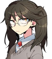 Rule 34 | 10s, 1girl, bad id, bad pixiv id, bespectacled, brown eyes, brown hair, cardigan, glasses, kantai collection, magatama, ryuujou (kancolle), simple background, solo, twintails, yarawi