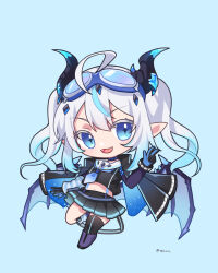 Rule 34 | 1girl, ahoge, arm warmers, black gloves, black horns, black jacket, black shirt, black skirt, black thighhighs, blue background, blue eyes, blue gloves, blue necktie, chibi, fangs, gloves, goggles, goggles on head, gradient hair, hair ornament, highres, horns, jacket, jacket on shoulders, kgr, long hair, midriff, multicolored hair, navel, necktie, nova aokami, open mouth, pleated skirt, pointy ears, sailor collar, shirt, skirt, solo, spiked wings, streaked hair, symbol-shaped pupils, thighhighs, twitter username, two-tone gloves, virtual youtuber, vreverie, white hair, white sailor collar