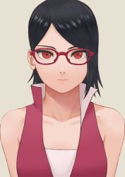 Rule 34 | 1girl, bad id, bad pixiv id, bare shoulders, black hair, boruto: naruto next generations, brown background, closed mouth, collarbone, commentary request, expressionless, glasses, high collar, highres, looking at viewer, mil k vanilla, naruto (series), parted bangs, portrait, red-framed eyewear, red eyes, red shirt, sharingan, shirt, short hair, simple background, sleeveless, sleeveless shirt, solo, tsurime, uchiha sarada