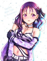 Rule 34 | 1girl, :d, animal print, arm under breasts, bare shoulders, black gloves, blush, breasts, camisole, choker, ckst, dazzling white town, earrings, feather earrings, feathers, fingerless gloves, frilled choker, frills, gloves, highres, jacket, jewelry, kazuno sarah, love live!, love live! sunshine!!, medium breasts, midriff, multicolored hair, navel, off shoulder, open clothes, open jacket, open mouth, parted lips, purple hair, smile, solo, streaked hair, tiger print