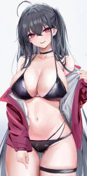 Rule 34 | 1girl, absurdres, ahoge, azur lane, bikini, black bikini, black choker, black hair, breasts, choker, cleavage, crossed bangs, highres, large breasts, long hair, looking at viewer, lshiki, navel, off shoulder, parted lips, red eyes, smile, solo, stomach, swimsuit, taihou (azur lane), taihou (enraptured companion) (azur lane), thigh strap, thighs, very long hair