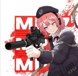 1girl aiming beret black_beret black_jacket bow bowtie closed_mouth collared_shirt commentary commission dress_shirt english_commentary english_text finger_on_trigger fur-trimmed_jacket fur_trim girls&#039;_frontline gun h&amp;k_mp7 hair_ornament hat headphones highres holding holding_gun holding_weapon ixyfog jacket mp7_(girls&#039;_frontline) orange_eyes pink_hair pouch red_background red_bow red_bowtie russian_commentary shirt short_hair simple_background solo striped_bow striped_bowtie striped_clothes submachine_gun suppressor two-tone_background upper_body weapon white_background white_shirt