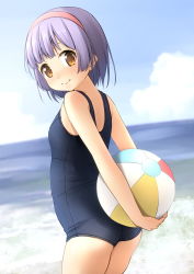 Rule 34 | 1girl, arms behind back, ass, ball, bare arms, bare shoulders, black one-piece swimsuit, blue sky, blush, breasts, brown eyes, closed mouth, cloud, commentary request, day, from side, hairband, highres, holding, holding ball, horizon, looking at viewer, looking to the side, ocean, old school swimsuit, one-piece swimsuit, original, outdoors, purple hair, red hairband, school swimsuit, shibacha, short hair, sky, small breasts, smile, solo, swimsuit, water