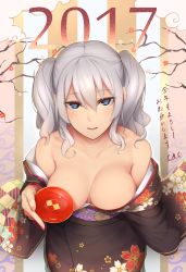 Rule 34 | 10s, 1girl, 2017, absurdres, artist name, bare shoulders, black kimono, blue eyes, breast slip, breasts, cherry blossoms, cleavage, convenient censoring, cup, enosan, floral print, hair between eyes, highres, holding, holding plate, japanese clothes, kantai collection, kashima (kancolle), kimono, kimono pull, kotoyoro, large breasts, leaning forward, nengajou, new year, one breast out, parted lips, plate, sakazuki, seductive smile, signature, silver hair, smile, solo, striped, striped background, twintails, upper body, vertical stripes, wavy hair, wide sleeves