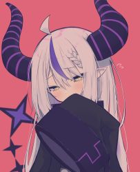Rule 34 | 1girl, absurdres, ahoge, blush, braid, commentary request, covering own mouth, demon horns, eyes visible through hair, flying sweatdrops, hair between eyes, hand up, highres, hikap, hololive, holox, horns, la+ darknesss, long hair, long sleeves, looking at viewer, multicolored hair, pointy ears, purple hair, red background, simple background, sleeves past fingers, sleeves past wrists, solo, streaked hair, striped horns, tail, underwear, virtual youtuber, yellow eyes