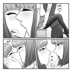 Rule 34 | black legwear, eros, closed eyes, fringe trim, hand on face, highres, incest, jewelry, kiss, long sleeves, mother and daughter, on table, original, pantyhose, ring, school uniform, short hair, short sleeves, skirt, sound effects, speech bubble, table, tongue, tongue out, uniform, yuri