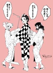 Rule 34 | 3boys, :d, agatsuma zenitsu, bangs pinned back, blush stickers, bow, box, cardboard box, carrying, checkered clothes, crossdressing, floral print, full body, hair bow, hashibira inosuke, highres, japanese clothes, kamado tanjirou, kimetsu no yaiba, kimono, long sleeves, looking at viewer, looking back, male focus, medium hair, monochrome, multiple boys, nyapon, obi, open mouth, profile, red background, sandals, sash, scar, scar on face, scar on forehead, shoe soles, sideways glance, simple background, smile, speech bubble, two side up, walking, wide sleeves, zouri