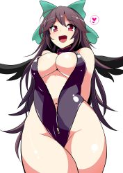 Rule 34 | 1girl, absurdres, amisu, arms behind back, black hair, bow, breasts, cleavage, cowboy shot, fang, from below, front zipper swimsuit, hair bow, heart, highleg, highleg swimsuit, highres, large breasts, long hair, looking at viewer, meme attire, navel, one-piece swimsuit, open mouth, red eyes, reiuji utsuho, simple background, solo, spoken heart, swimsuit, teeth, thighs, touhou, unzipped, white background, wings