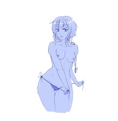 Rule 34 | 1girl, annoyed, bare arms, bare shoulders, bikini, black hair, bleach, breasts, collarbone, drawing, female pubic hair, gluteal fold, groin, highres, hip focus, japanese clothes, krmn-chan, looking at viewer, medium breasts, micro bikini, monochrome, navel, nipples, panties, panty pull, pubic hair, pulled by self, short hair, short hair with long locks, side-tie bikini bottom, simple background, sketch, solo, standing, string bikini, sui-feng, swimsuit, underwear, undressing, white background
