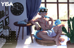 Rule 34 | 1boy, arknights, bulge, clock, ethan (arknights), food, goggles, goggles on head, headphones, highres, ice cream, looking at viewer, male focus, male underwear, mosi l, muscular, muscular male, solo, tail, underwear, white male underwear