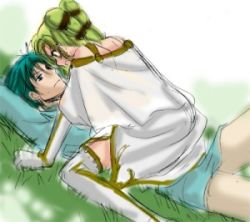 Rule 34 | 1boy, 1girl, all fours, angry, aqua eyes, aqua hair, arm support, artist request, capelet, couple, dress, elbow gloves, ephraim (fire emblem), eye contact, fire emblem, fire emblem: the sacred stones, girl on top, gloves, grass, green eyes, green hair, kneeling, l&#039;arachel (fire emblem), looking at another, lowres, lying, nintendo, no armor, on back, open mouth, ponytail, prince, princess, serious, short hair, thighhighs, white dress, white gloves, white thighhighs