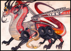 Rule 34 | absurdres, cyborg, dragon, dragon horns, english text, fire truck, firefighter, forked tongue, furry, fusion, highres, horns, motor vehicle, multiple heads, multiple legs, original, release date, sharp teeth, skull and crossbones, snake, sunglasses, teeth, tire, tongue, tongue out, traditional media, truck, upsettispaghettivulture