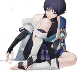 Rule 34 | 1boy, bare shoulders, black bow, black hair, black shirt, black shorts, blue cape, bow, bridal gauntlets, bridal legwear, cape, chinikuniku, choko (cup), closed mouth, collarbone, commentary, covered collarbone, cup, eyeshadow, feathers, feet, full body, genshin impact, hakama, hakama shorts, holding, holding cup, jacket, japanese clothes, legs, looking away, looking down, makeup, male focus, no headwear, no shoes, obi, off shoulder, open clothes, open jacket, parted bangs, petals, pom pom (clothes), purple eyes, red eyeshadow, sash, scaramouche (genshin impact), shirt, short hair, short shorts, short sleeves, shorts, sidelocks, simple background, sitting, sleeveless, sleeveless shirt, smile, solo, stirrup legwear, symbol-only commentary, tassel, toeless legwear, toenails, toes, vision (genshin impact), wanderer (genshin impact), white background, white jacket, wide sleeves
