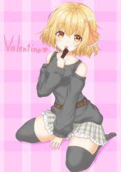 Rule 34 | 1girl, :o, alternate costume, bare shoulders, black sweater, black thighhighs, blonde hair, blush, breasts, chocolate, clothing cutout, commentary request, eating, food, full body, grey skirt, hair ribbon, holding, holding food, kneeling, looking at viewer, pink background, plaid, plaid background, plaid skirt, red eyes, red ribbon, ribbon, rumia, scarlet mirin, short hair, shoulder cutout, simple background, sitting, skirt, small breasts, solo, sweater, thighhighs, touhou, valentine, wariza