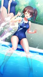 Rule 34 | 3girls, ;d, bare legs, barefoot, blue one-piece swimsuit, breasts, brown hair, collarbone, day, doukyuusei, doukyuusei another world, game cg, long hair, medium breasts, multiple girls, official art, one-piece swimsuit, one eye closed, open mouth, poolside, purple eyes, satozaki minatsu, school swimsuit, side ponytail, sitting, smile, soaking feet, solo focus, splashing, swimsuit
