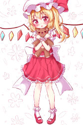 Rule 34 | 1girl, absurdres, back bow, blonde hair, blush, bobby socks, bow, flandre scarlet, frilled skirt, frills, full body, hair between eyes, hanen (borry), hat, hat ribbon, head tilt, highres, holding, holding stuffed toy, large bow, looking at viewer, mary janes, medium hair, mob cap, multicolored wings, one side up, open mouth, pigeon-toed, puffy short sleeves, puffy sleeves, red eyes, red footwear, red ribbon, red skirt, red vest, ribbon, ribbon-trimmed headwear, ribbon trim, shirt, shoes, short sleeves, simple background, skirt, socks, solo, standing, stuffed animal, stuffed toy, teddy bear, touhou, vest, white background, white bow, white hat, white shirt, white socks, wings, wrist cuffs