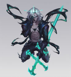 Rule 34 | 1boy, abs, absurdres, aqua eyes, black gloves, black jacket, black pants, cropped jacket, fingernails, gloves, glowing, glowing eyes, halo, hand on own face, highres, holding, holding sword, holding weapon, jacket, kgynh, kneeling, league of legends, looking ahead, looking at viewer, medium hair, muscular, muscular male, navel, open clothes, open jacket, pants, pectorals, shadow, sharp fingernails, simple background, solo, sword, viego (league of legends), weapon, white background, white hair