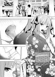 Rule 34 | 1boy, 1girl, black ribbon, blunt bangs, blush, breasts, butterfly hair ornament, candy apple, cherry blossom print, collarbone, comic, commentary request, couple, dating, fingernails, flirting, floral print, food, full-face blush, go-toubun no hanayome, hair ornament, hair ribbon, half-closed eyes, highres, holding, holding food, japanese clothes, kimono, kosmos beta, large breasts, lips, long sleeves, looking at viewer, medium hair, monochrome, mouth focus, nakano nino, naughty face, open mouth, outdoors, ribbon, saliva, sash, shrine, sidelocks, smile, solo focus, standing, straight hair, teeth, tongue, tongue out, torii, trembling, two side up, uesugi fuutarou, upper teeth only, uvula, wide sleeves, yukata