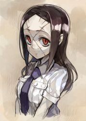 Rule 34 | 1girl, artist request, bags under eyes, brown hair, carol (skullgirls), long hair, necktie, painwheel (skullgirls), red eyes, school uniform, skullgirls, sleeves rolled up, smile, solo, spoilers, stitches, upper body