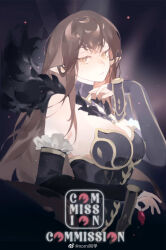 1girl :/ bare_shoulders black_background black_collar black_dress breasts brown_hair choppy_bangs cleavage collar commission detached_sleeves dress expressionless fate/apocrypha fate/grand_order fate_(series) fur_trim hand_up highres holding large_breasts long_hair long_sleeves looking_at_viewer nomi_tongxue pointy_ears sanpaku semiramis_(fate) sideways_glance solo strapless strapless_dress upper_body weibo_watermark yellow_eyes