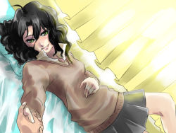 Rule 34 | amagami, bed, black hair, curtains, dutch angle, green eyes, holding hands, lying, messy hair, on back, open collar, pillow, ririclub, sketch, skirt, smile, solo focus, sunlight, sweater, tanamachi kaoru, v-neck