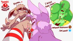 Rule 34 | 3girls, animal ears, arm up, artist name, bare shoulders, blue eyes, blush, borrowed character, breasts, brown hair, candy, candy cane, christmas, cleavage, clitoral hood, clitoris, clothes lift, colored skin, creatures (company), diives, ear piercing, eevee, energy, english text, espeon, fang, female focus, food, fox tail, from below, fur-trimmed skirt, fur trim, game freak, gen 1 pokemon, gen 2 pokemon, glasses, gluteal fold, green hair, green skin, grey background, hair bobbles, hair ornament, hair over one eye, hair stick, hair tie, half-closed eyes, hand up, heart, highres, legs apart, looking up, magic, miniskirt, motion lines, multiple girls, navel, nintendo, nipples, nude, open mouth, patreon logo, patreon username, personification, piercing, pink hair, pokemon, pokemon (creature), pussy, pussy juice, red legwear, red skirt, rolling eyes, saliva, signature, simple background, skirt, skirt lift, small breasts, spoken heart, standing, striped legwear, tail, talking, teeth, telekinesis, text focus, thighhighs, topless, uncensored, vaginal, yellow eyes, yuri