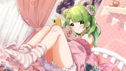 Rule 34 | 1girl, bare shoulders, bed, bloomers, blush, cellphone, closed mouth, curtains, day, double bun, fingernails, glint, green eyes, green hair, hair bun, hair ornament, hair scrunchie, hairclip, holding, holding phone, indoors, jacket, knees up, long hair, morinaka kazaki, nail polish, nijisanji, no shoes, off shoulder, on bed, open clothes, open jacket, pennant, phone, pillow, pink jacket, pink scrunchie, poster (object), red nails, scrunchie, shelf, sitting, smile, socks, soles, solo, string of flags, striped clothes, striped socks, stuffed animal, stuffed toy, teddy bear, underwear, virtual youtuber, white bloomers, yamabukiiro