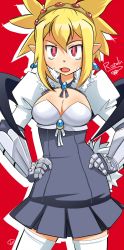 Rule 34 | 1girl, bad deviantart id, bad id, bat wings, blonde hair, breasts, bright pupils, charmwitch, cleavage, cosplay, cowboy shot, crying, crying with eyes open, demon girl, disgaea, dress, earrings, gauntlets, hands on own hips, highres, jewelry, long image, makai senki disgaea 2, makai senki disgaea 3, medium breasts, nippon ichi, pointy ears, red eyes, ribbon no kishi, rozalin, sapphire rhodonite, sapphire rhodonite (cosplay), short hair, slit pupils, solo, tall image, tears, thighhighs, white thighhighs, wings, zettai ryouiki