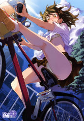 Rule 34 | 1girl, absurdres, artbook, artist name, bag, bare legs, basket, bicycle, bicycle basket, blouse, blue sky, bra, brown eyes, brown hair, city, cloud, day, floating hair, from below, highres, kneepits, legs, lingerie, looking at viewer, looking down, maybe, midriff, miniskirt, open mouth, original, outdoors, outstretched leg, panties, pantyshot, plaid, plaid skirt, railing, riding, school bag, shirt, shoe soles, shoes, short sleeves, sitting, skirt, sky, sneakers, solo, sunlight, tree, underwear, upshirt, upskirt, white bra, white panties, white shirt, wind, wind lift, yellow eyes