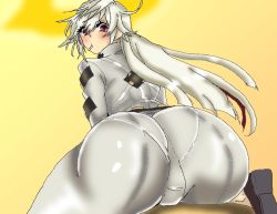 Rule 34 | 1girl, ahoge, arc system works, artist request, ass, bodysuit, candy, food, from behind, guilty gear, guilty gear xrd, guilty gear xrd: revelator, halo, huge ass, jack-o&#039; valentine, lollipop, long hair, platinum blonde hair, red eyes, shiny clothes, skin tight, solo, very long hair