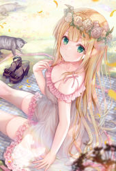 Rule 34 | 1girl, bare arms, blanket, blonde hair, blush, breasts, cat, closed mouth, day, dress, falling petals, flower, frilled dress, frills, from side, grass, green eyes, hand up, head wreath, highres, inagaki minami, long hair, looking at viewer, looking to the side, medium breasts, outdoors, petals, rose, shoes, unworn shoes, sitting, smile, solo, sousouman, thighhighs, twinbox school, very long hair, white dress, white flower, white rose