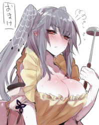 Rule 34 | 1girl, apron, bad id, bad pixiv id, blush, breasts, character request, cleavage, frilled apron, frills, huge breasts, inayama, ladle, long hair, pointy ears, red eyes, shiny skin, silver hair, solo, sweat, translated, twintails