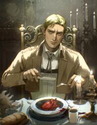 Rule 34 | 1boy, absurdres, ascot, blonde hair, blood, blue eyes, bread, cropped jacket, dining room, eating, erwin smith, food, heart (organ), highres, looking at viewer, male focus, paradis military uniform, shingeki no kyojin, shirt, short hair, solo, symbolism, thick eyebrows, thisuserisalive