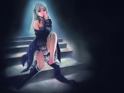 Rule 34 | 00s, 1girl, bare legs, bare shoulders, black dress, blunt bangs, collarbone, dress, highres, light rays, long sleeves, looking at viewer, red eyes, rozen maiden, silver hair, sitting, solo, spotlight, stairs, suigintou, toshi hiroshi