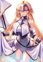 Rule 34 | 1girl, absurdres, armor, armored dress, blonde hair, blue eyes, blush, breast curtains, breasts, chain, collar, dress, fate/apocrypha, fate/grand order, fate (series), faulds, flag, gauntlets, headpiece, highres, jeanne d&#039;arc (fate), jeanne d&#039;arc (ruler) (fate), jeanne d&#039;arc (third ascension) (fate), large breasts, long hair, looking at viewer, metal collar, ninoude (ninoude44), open mouth, plackart, polearm, smile, solo, thighs, very long hair, wading, water, weapon, wet, white dress