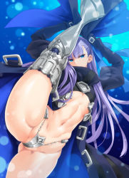 Rule 34 | 1girl, :&lt;, armor, ass, blue eyes, blue ribbon, crotch plate, fate/extra, fate/extra ccc, fate (series), greaves, hair ribbon, hayama kazusa, highres, long hair, looking at viewer, meltryllis (fate), navel, puffy sleeves, purple hair, ribbon, solo, split, standing, standing on one leg, standing split, thighs