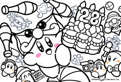 Rule 34 | backwards hat, ball, balloon animal, baseball cap, beanie, blush stickers, boom microphone, bow, bowler hat, bowtie, cake, channel ppp, circus kirby, clown, clown acrobot, commentary request, copy ability, food, hat, headphones, heart, juggling, juggling club, kirby, kirby (series), lineart, magolor, meta knight, nintendo, no humans, notepad, official art, rayman limbs, smile, sparkling eyes, spot color, video camera, waddle dee
