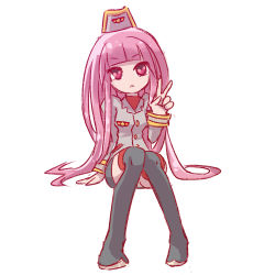 Rule 34 | 1girl, :&lt;, arm support, arm up, bemani, black thighhighs, character request, coffee (ecafree2), hat, heart, heart-shaped pupils, highres, long hair, military, military hat, military uniform, pink eyes, pink hair, pop&#039;n music, simple background, sitting, solo, symbol-shaped pupils, thighhighs, uniform, v, white background