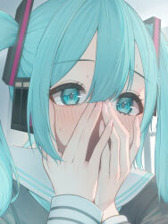 Rule 34 | 1girl, absurdres, bananafish1111, blue eyes, blue hair, blue neckerchief, blush, commentary request, covering face, embarrassed, hair between eyes, hands up, hatsune miku, highres, long hair, long sleeves, looking at viewer, neckerchief, sailor collar, solo, surprised, tears, twintails, upper body, vocaloid