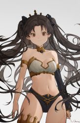 Rule 34 | 1girl, absurdres, armlet, artist name, bikini, black bow, black hair, bow, breasts, cleavage, closed mouth, cowboy shot, detached collar, detached sleeves, earrings, fate/grand order, fate (series), gold trim, grey background, hair bow, highres, hoop earrings, ishtar (fate), jewelry, long hair, looking at viewer, mismatched bikini, muyu713, navel, parted bangs, red eyes, single detached sleeve, small breasts, solo, swimsuit, thighlet, tiara, twintails