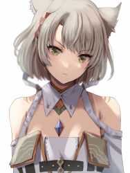 Rule 34 | 1girl, animal ear fluff, animal ears, bare shoulders, braid, cat ears, chest jewel, closed mouth, detached sleeves, dress, flat chest, green eyes, grey hair, highres, looking at viewer, mio (xenoblade), short hair, solo, upper body, v-shaped eyebrows, white dress, xenoblade chronicles (series), xenoblade chronicles 3, yamamori kinako