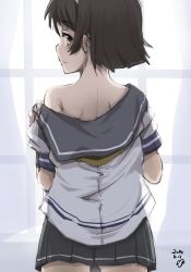 Rule 34 | 10s, 1girl, brown eyes, brown hair, dated, from behind, hairband, highres, kantai collection, looking at viewer, looking back, momo (higanbana and girl), off shoulder, pleated skirt, school uniform, serafuku, short hair, skirt, solo, tanikaze (kancolle), undressing
