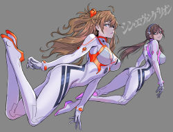 2girls, absurdres, aqua eyes, ass, bodysuit, breasts, brown hair, covered navel, curvy, evangelion: 3.0+1.0 thrice upon a time, eyepatch, floating, floating hair, full body, grey background, hairband, hairpods, highres, interface headset, large breasts, low twintails, makinami mari illustrious, multicolored, multicolored bodysuit, multicolored clothes, multiple girls, neon genesis evangelion, orange hair, plugsuit, rebuild of evangelion, red-framed eyewear, shiny, shiny clothes, shiny hair, skin tight, soryu asuka langley, translation request, twintails, white bodysuit, yamashita shun&#039;ya
