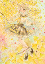 1girl absurdres amu_(m_aa) animal_ear_fluff animal_ears autumn black_footwear blonde_hair branch brown_sailor_collar brown_skirt floating fox fox_ears fox_girl fox_tail frilled_socks frills ginkgo_leaf ginkgo_tree hair_ribbon highres holding holding_leaf leaf loafers long_hair looking_ahead multicolored_ribbon open_mouth original painting_(medium) pleated_skirt ribbon sailor_collar school_uniform serafuku shoes skirt smile socks tail traditional_media very_long_hair watercolor_(medium) white_socks yellow_eyes