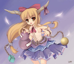 Rule 34 | 1girl, :d, bad anatomy, bare shoulders, blonde hair, blue skirt, bottle, bow, bowtie, chain, cowboy shot, cuffs, female focus, gourd, hair bow, holding hands, horns, ibuki suika, long hair, low-tied long hair, ofuda, oni, open mouth, red bow, red bowtie, shackles, shirt, skirt, sleeveless, sleeveless shirt, smile, solo, tomusooya, touhou, white shirt, yellow eyes