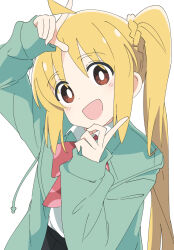 Rule 34 | 1girl, :d, ahoge, blonde hair, bocchi the rock!, brown eyes, green jacket, ijichi nijika, ixy, jacket, long hair, long sleeves, looking at viewer, open mouth, simple background, smile, solo, white background